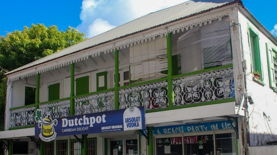 French Caribbean architecture in building above Dutchpot restaurant