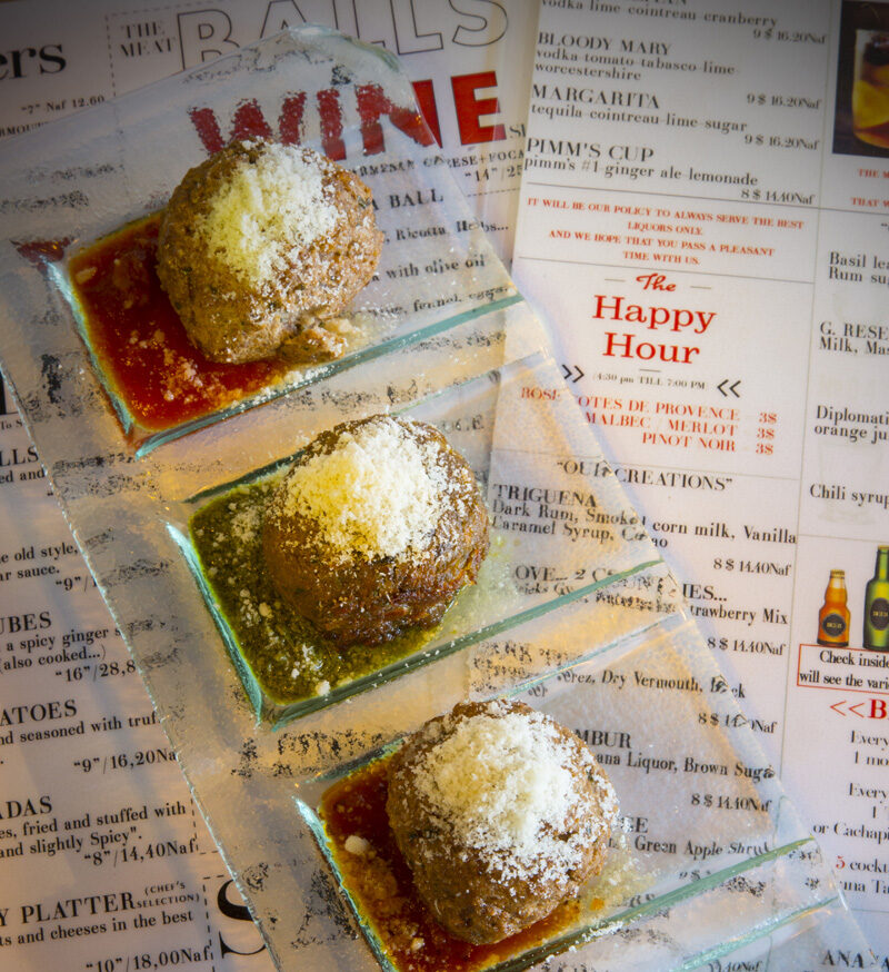 Menu of Balls & Wine and meatballs with sauce