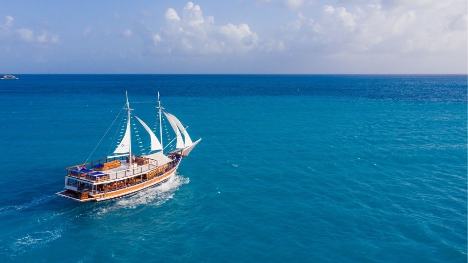 Schooner on blue Caribbean sea near Philipsburg SXM