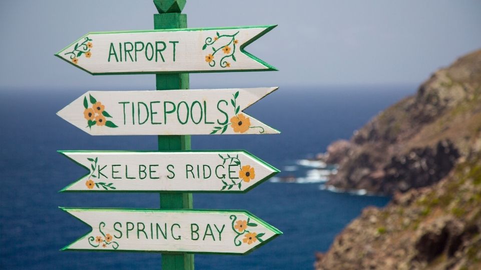 Signs to Saba Airport (SAB), Tidepools, Kelbe’s Ridge and Spring Bay