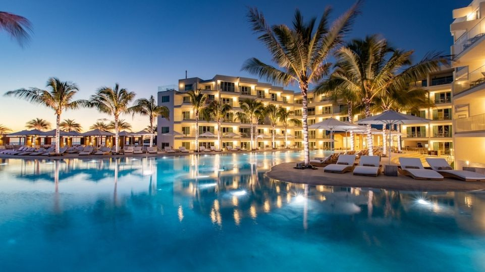 Morgan Resort with palm trees at night