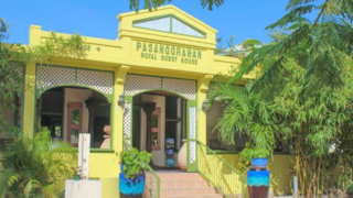 Monumental entry to Pasanggrahan Royal Guest House on Front Street, Philipsburg