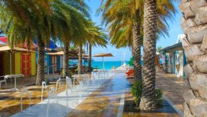 Palms and water fountain on the Water Plantz Square in Philipsburg, St Maarten / St Martin