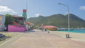 Boardwalk by the Great Bay Beach in Philipsburg, Dutch side capital of St Maarten / St Martin