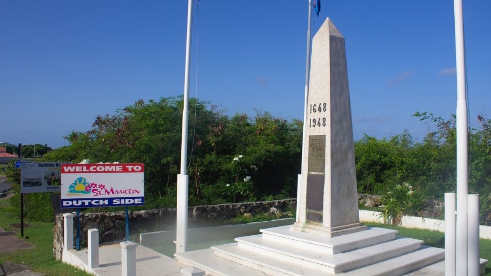 The needle of Concordia Monument at the border of Dutch side St Maarten and French side St Martin