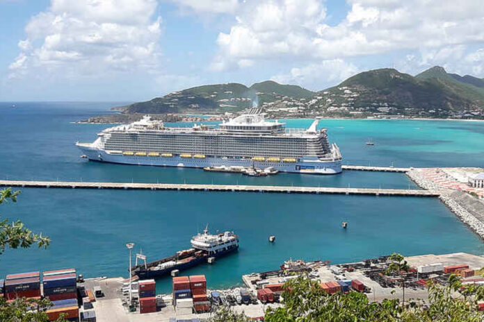 A large cruise ship docking at the St Maarten cruise port in Philipsburg