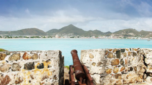 A cannon in Fort Amsterdam between Great Bay and Little Bay close to Philipsburg, Dutch side capital of St Maarten