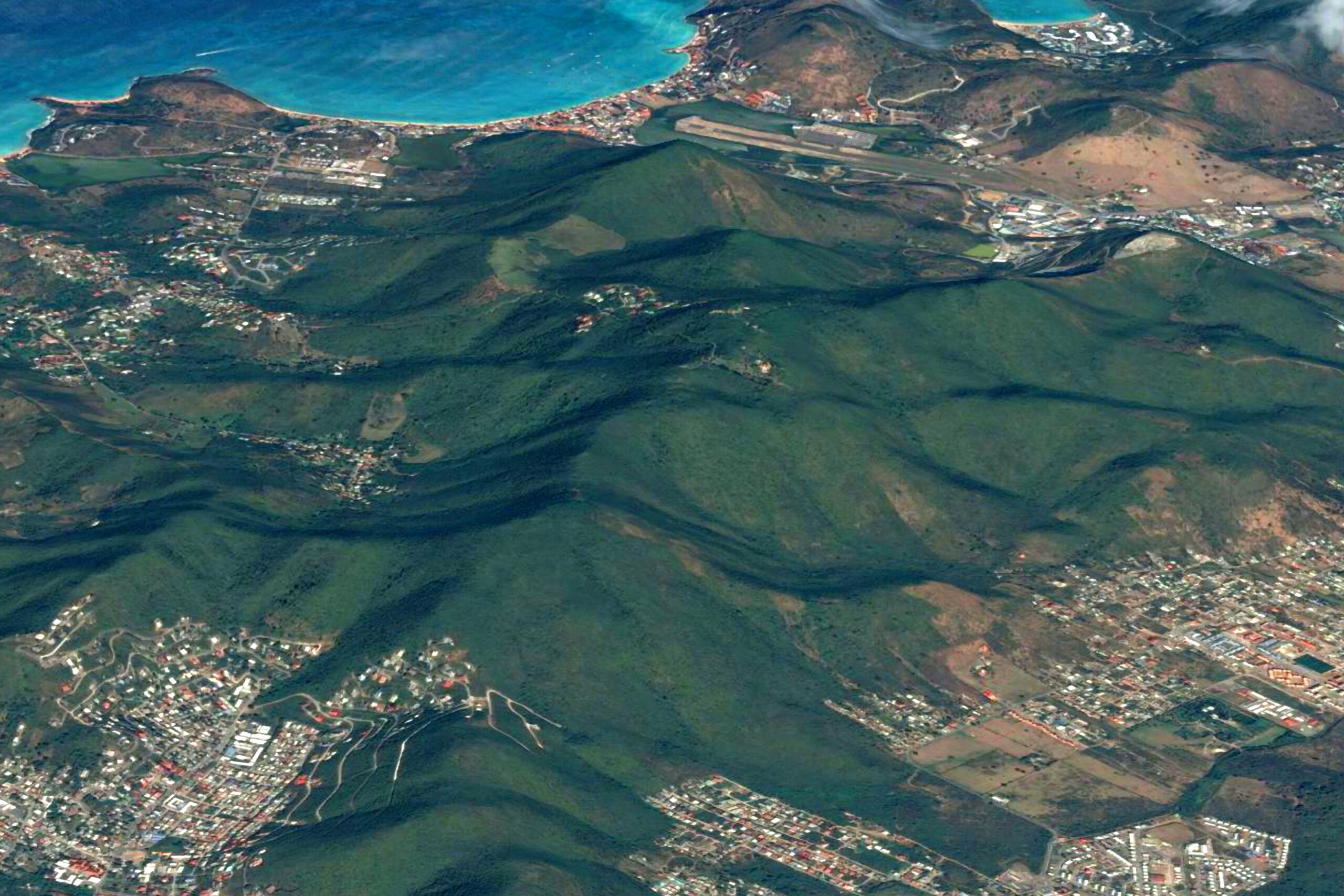 Aerial picture of the hills around Paradise Peak St Martin