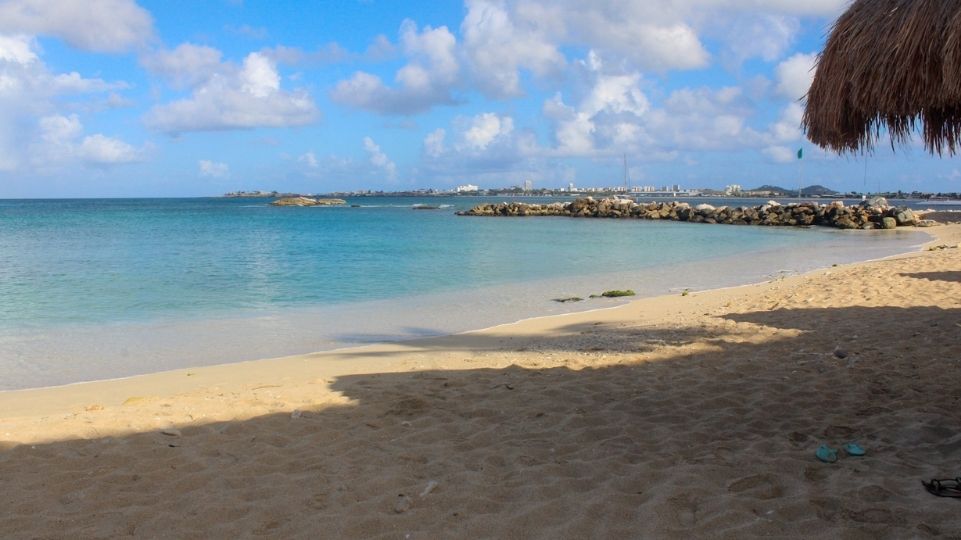 Picture of Pelican beach from under a palm tree on St Maarten / St Martin