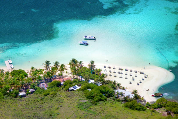 Sunny weather picture of Pinel Island beach with tourists