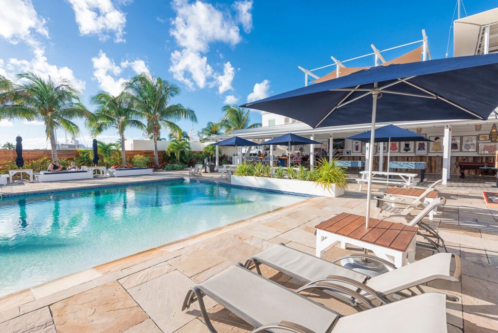 Navy Beach restaurant and pool area is a family-friendly place to spend a vacation