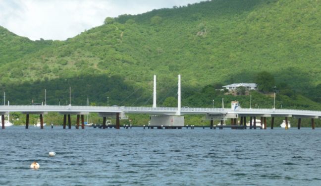 Causeway Bridge and a few yachts and boats at the back in Simpson Bay Lagoon