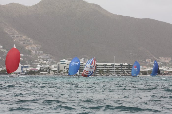 Sailing boats in the Simpson Bay Lagoon on St Maarten / St Martin with a cloudy weather