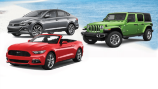 Cars to choose from in grey, sportscar in red and green jeep at Dollar Thrifty