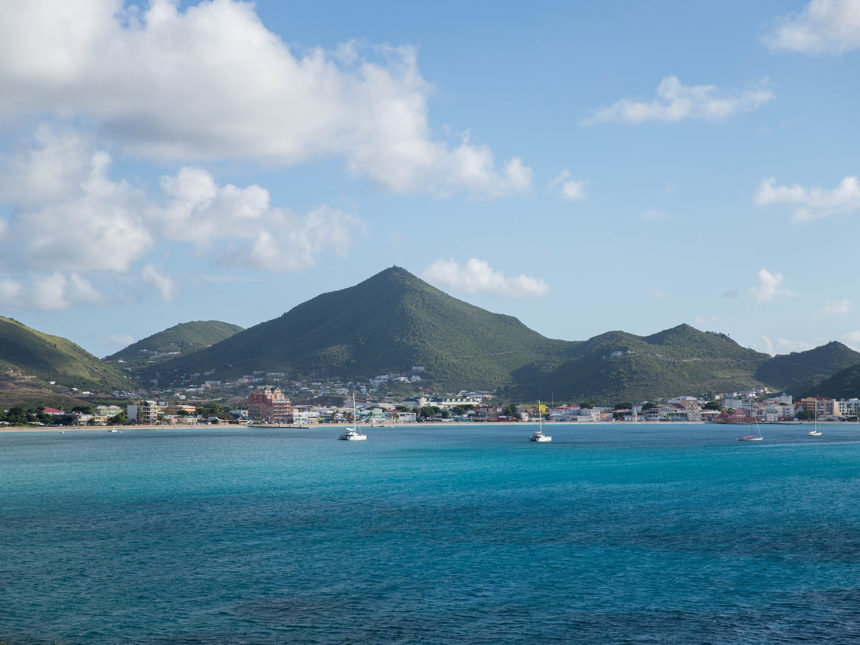 Sint Maarten overview from the water looking and the Great Bay coastline