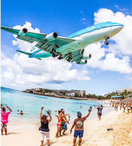 Landing Plane over Maho Beach in Beautiful St Maarten Weather