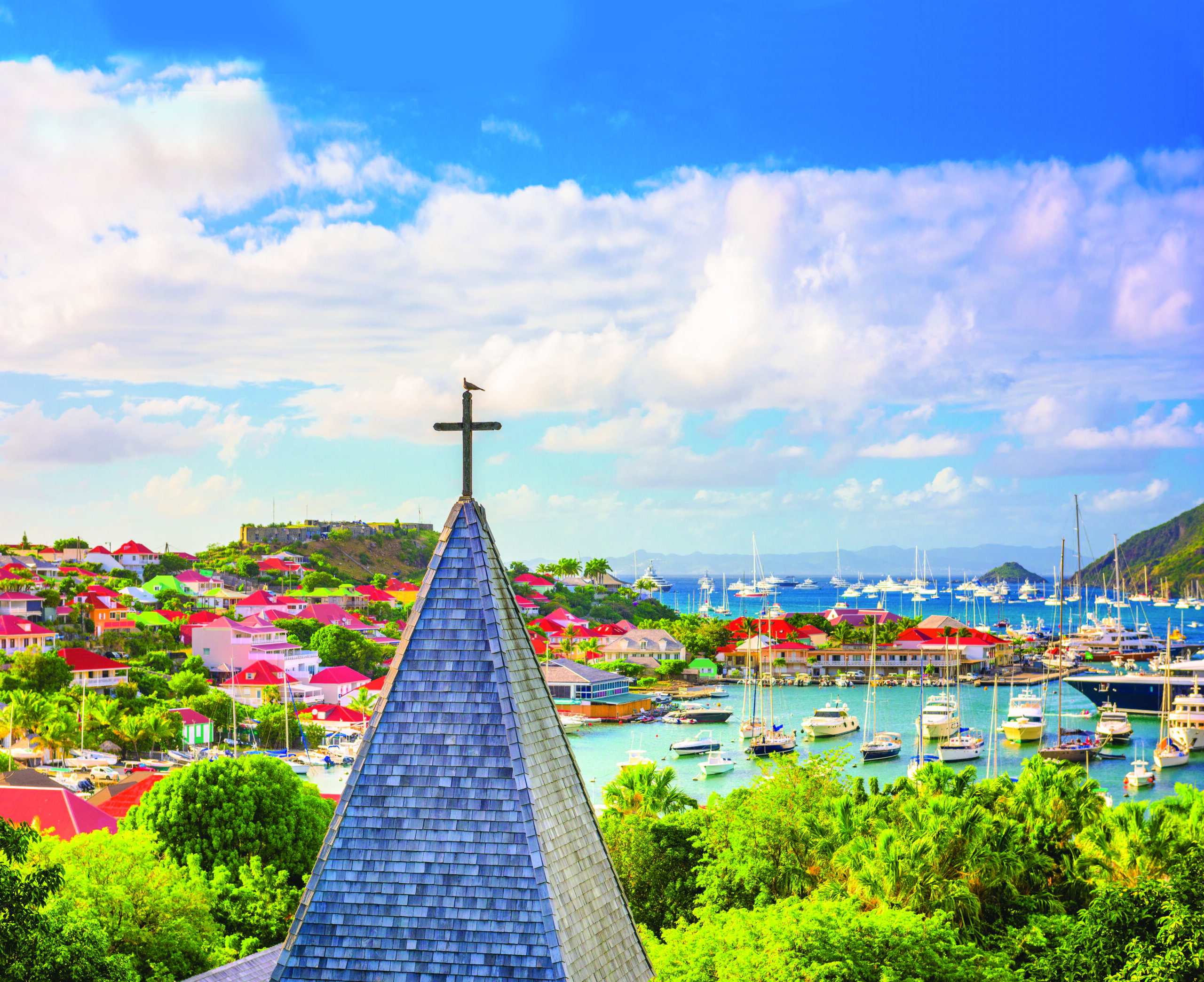 Gustavia, St. Barths church and town skyline.