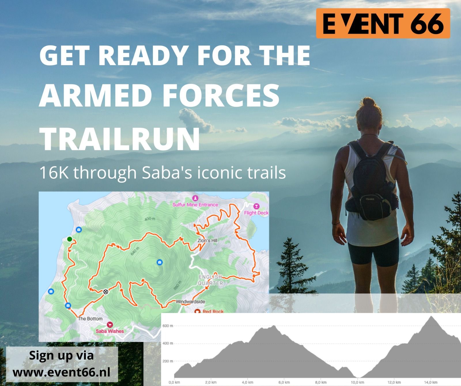 Flyer for the Saba Armed Forces Trial Run with a man on front who is looking at the sea, also a map on the front and a drawing of two mountains