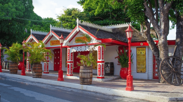 Colorful red wooden building on Front Street with red lanterns