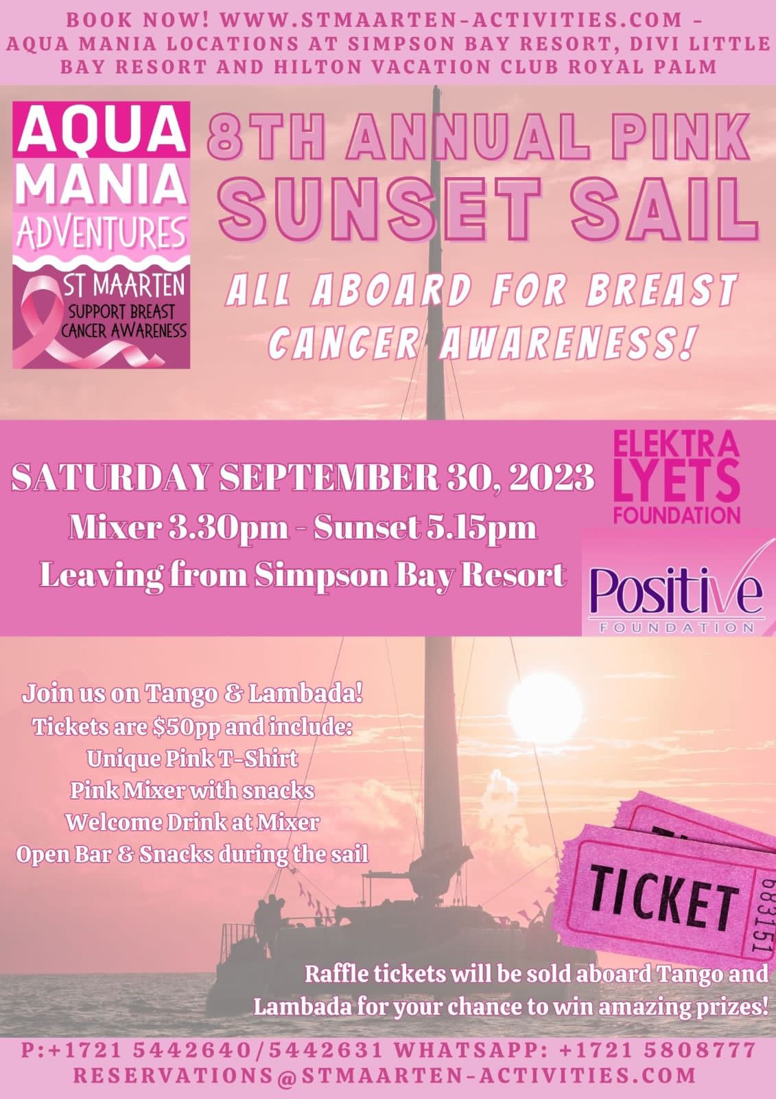 Flyer for the 8th annual sunset sail for breast cancer awareness, Aqua Mania Adventures, Simpson Bay Resort, St Maarten, St Martyn, Maho