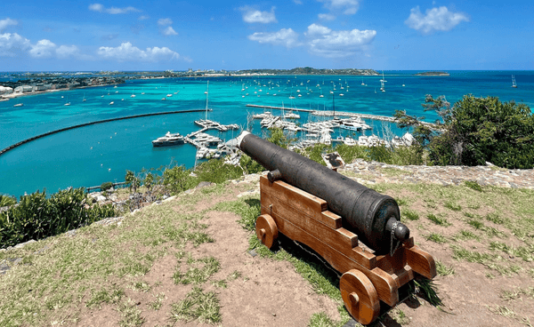 Cannon overlooking Marina and Fort at Fort Louis