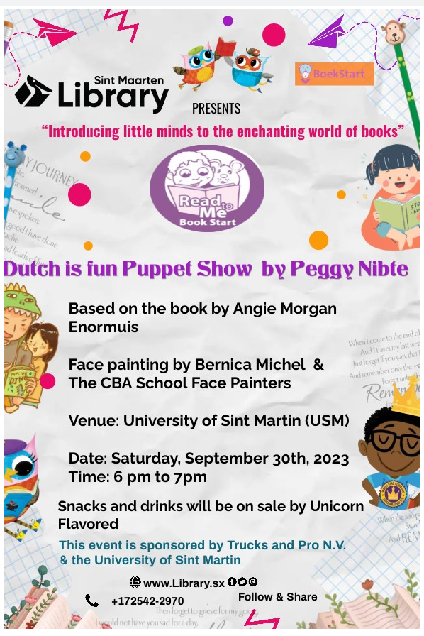 Flyer St Maarten Library invite puppet show, Dutch Caribbean, Philipsburg