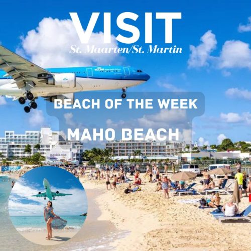 Plane flying over Maho Beach st maarten with people filming