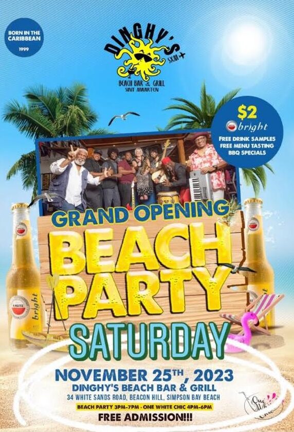 Announcement flyer for the grand opening of Dinghy's Beach Bar & Grill St Maarten