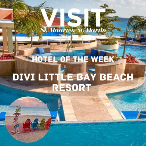 Divi Little Bay Beach resort pool with sunny weather and a small picture of colourful chairs