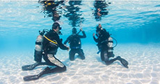 5 people taking Diving lessons under water at the St Maarten coast 
