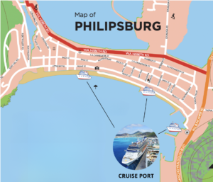 A map of Philipsburg with the St Maarten Cruise port and the places where the ferries dock