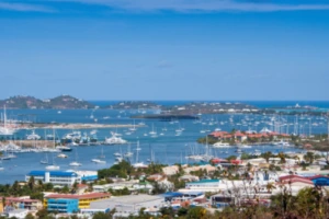 Overview of Simpson Bay Lagoon with boats on the blue water