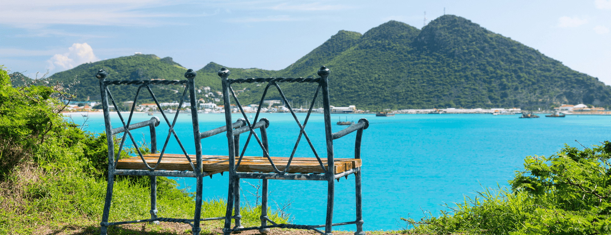 view of bench near Philipsburg and its cruise port from Fort Amsterdam.