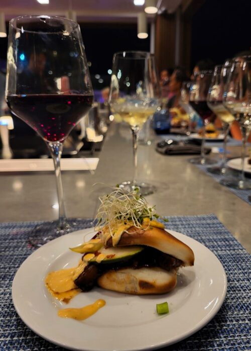 glasses of wine and food at the thirsty thursday at mix rooftop bar