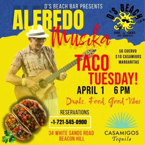 announcement of d's beach bar for taco tuesday with live music