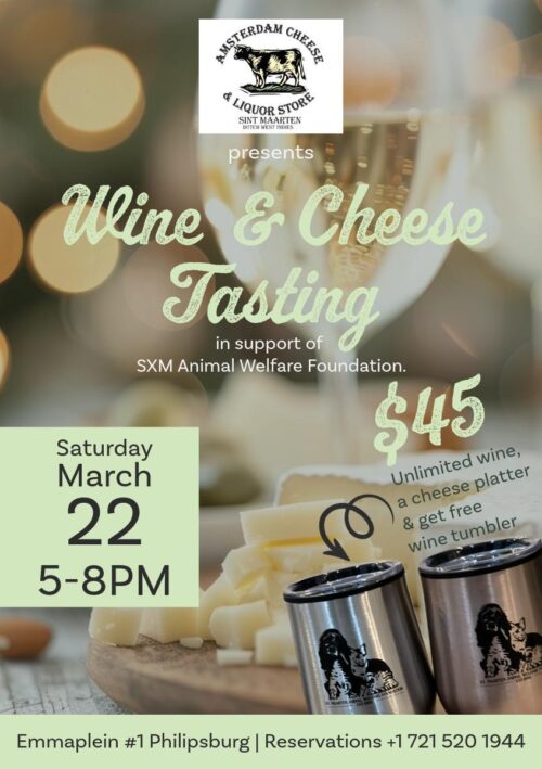 announcement of the wine and cheese tasting at amsterdam cheese and liquor store sxm