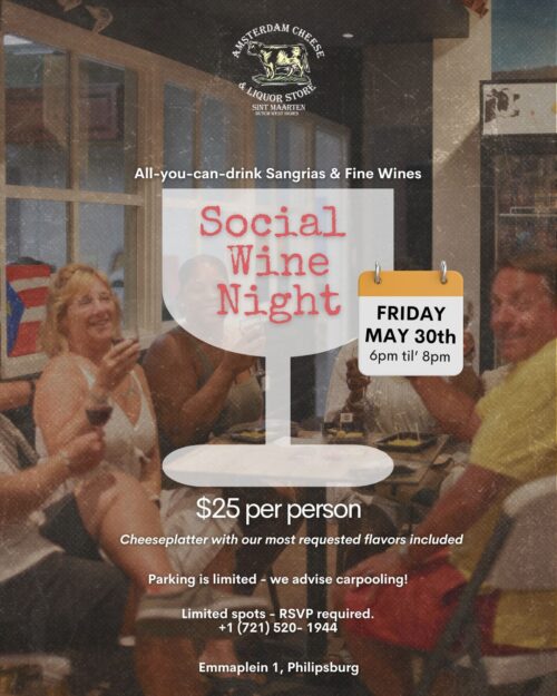 social wine night announcement by amsterdam cheese & liquor store