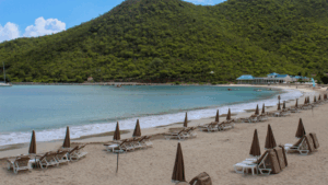 anse marcel beach with its beachchairs
