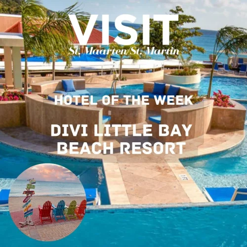 Divi Little Bay Beach Resort pool and beach chairs in the bottom left corner