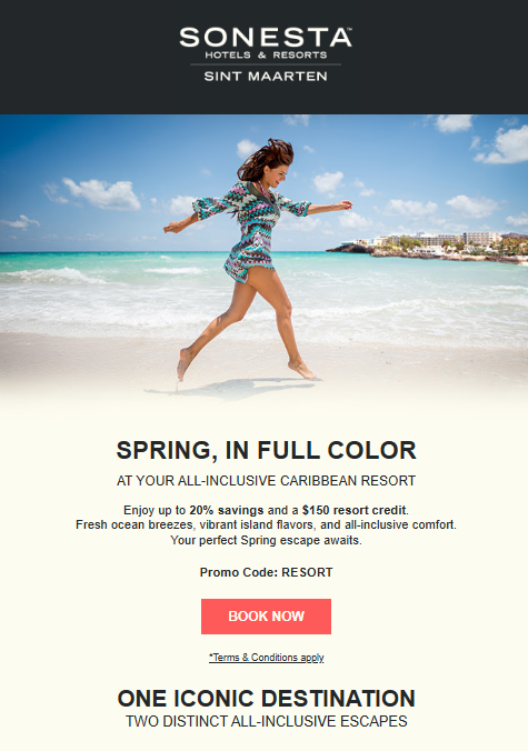 Promotion poster for up to 20% discount and $140 resort credit at Sonesta Hotels & Resorts