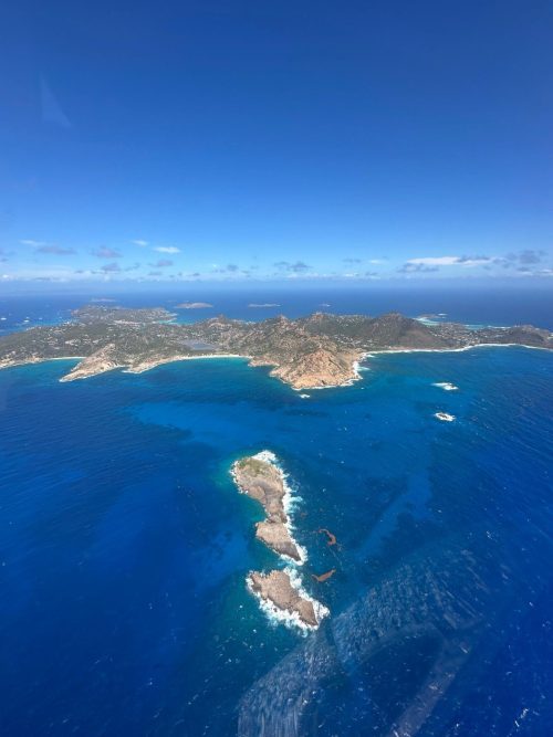 St Barths helicopter view with blue water around