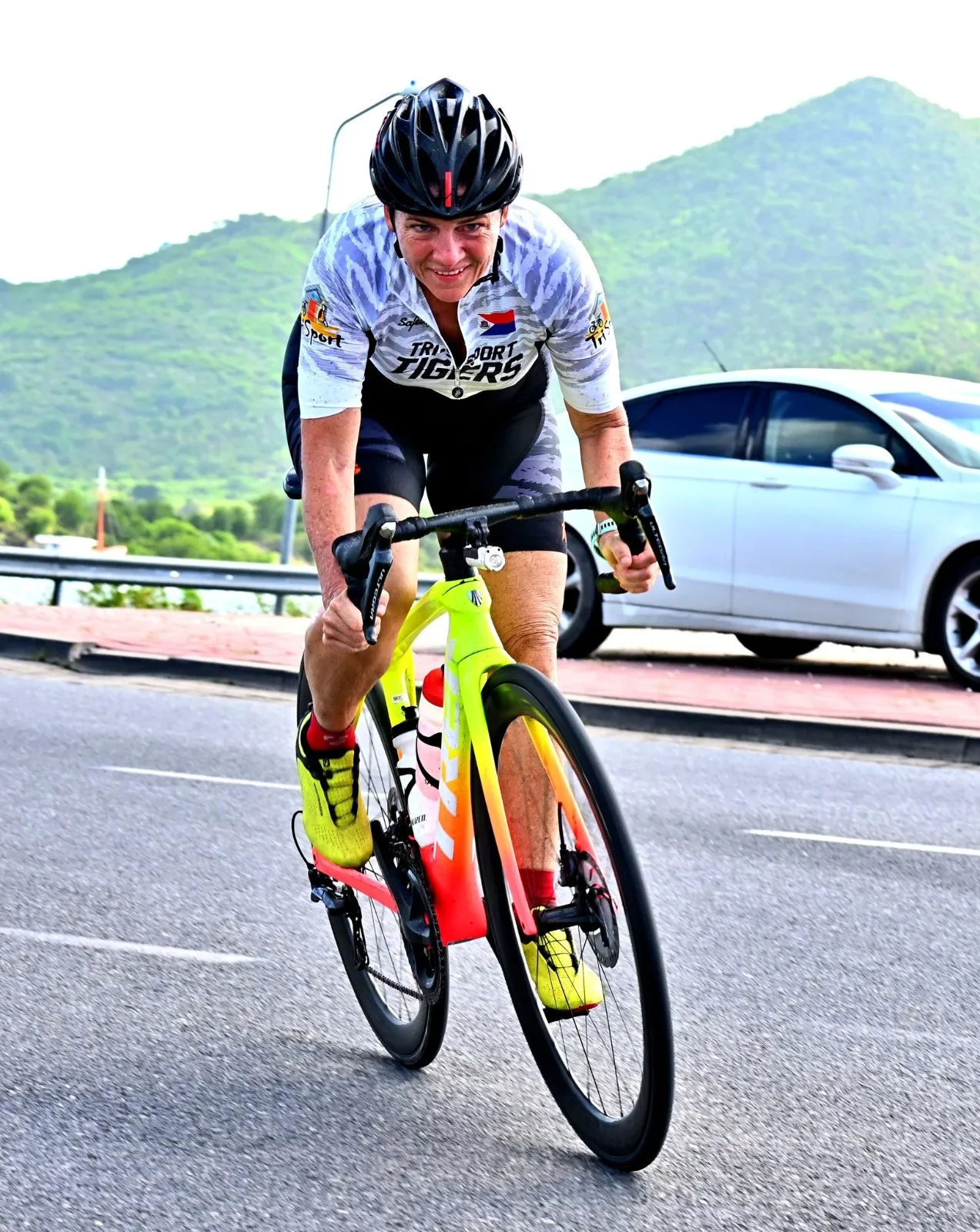 Susy from Tri-Sport on a bicycle on st maarten