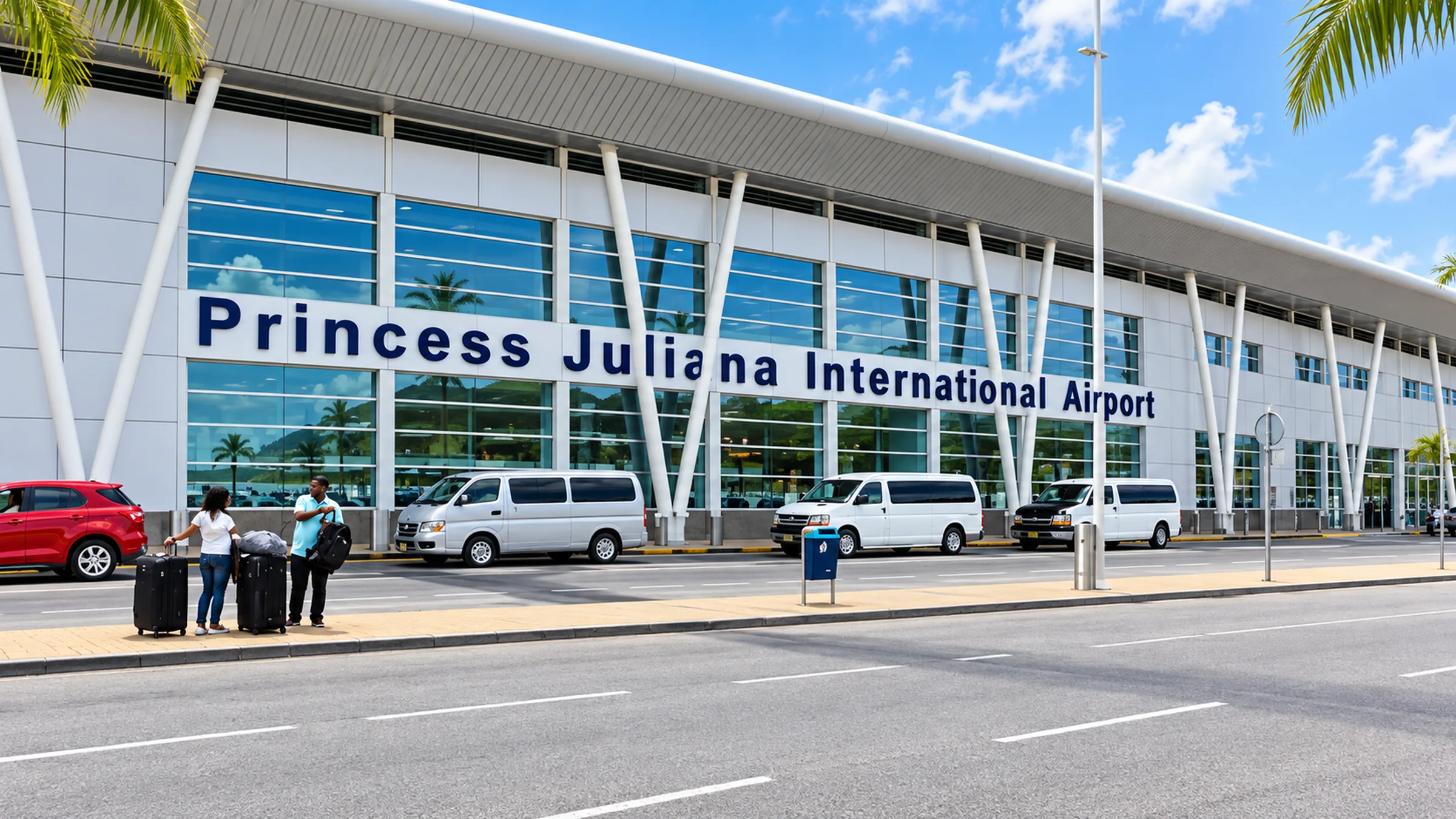 Taxis and travelers outside Princess Juliana International Airport in St. Maarten.