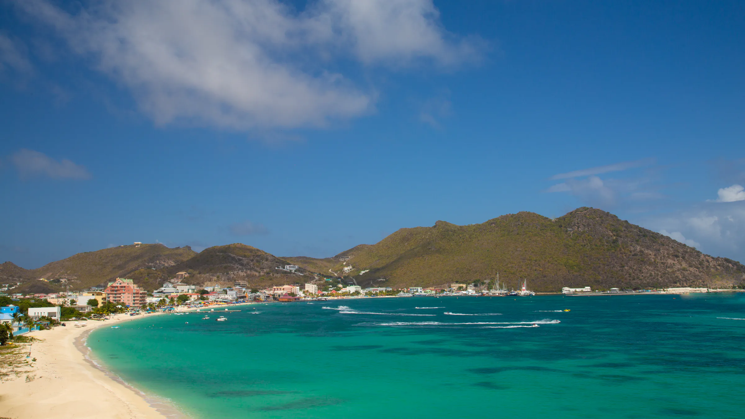 Wide view of Great Bay, Philipsburg, and the green hills of St. Maarten.