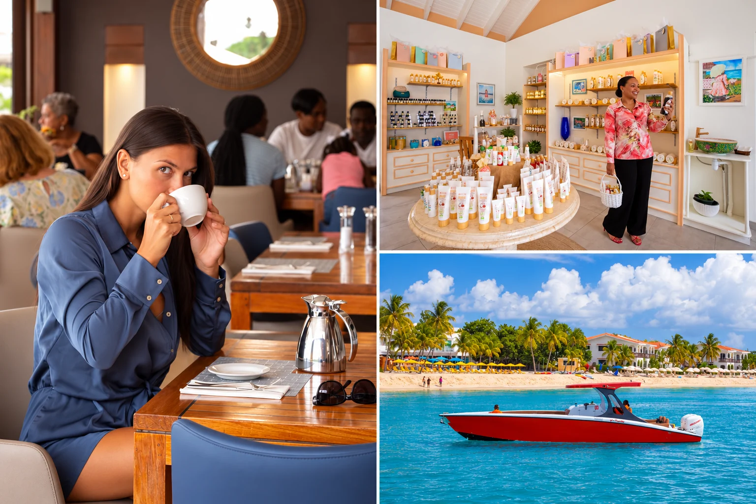 Collage of a guest dining, island shopping, and a motorboat on turquoise water.