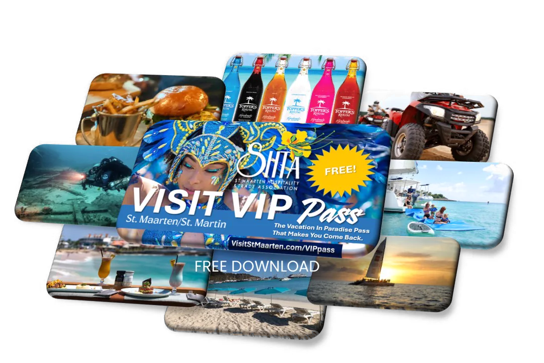 Visit St. Maarten VIP Pass surrounded by images of island dining, activities, and beaches.
